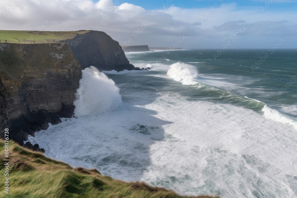 coastal cliff with view of crashing waves and rolling surf, created with generative ai coastal cliff with view of crashing waves and rolling surf, created with generative ai