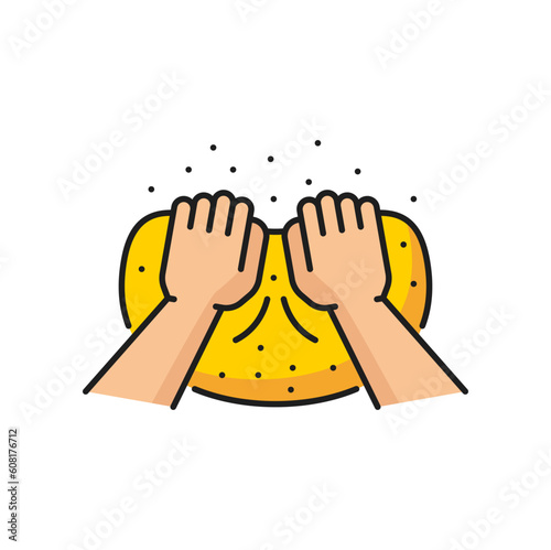 Hands kneading dough isolated color line icon. Vector rolled out dough for baking, pizza or cookie, biscuit or bread, noodles pasta chinese food