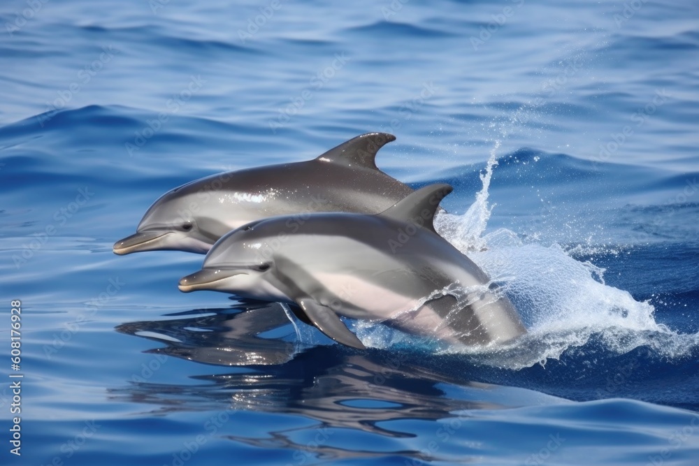 Naklejka premium two dolphins swimming side by side, with their fins flapping in unison, created with generative ai