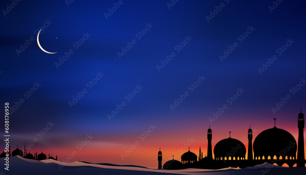 Islamic card with Silhouette Dome Mosques,Crescent moon on Orange sky background,Vetor Ramadhan Night with twilight dusk sky for Islamic religion,Eid al-Adha,Eid Mubarak,Eid al fitr,Ramadan Kareem