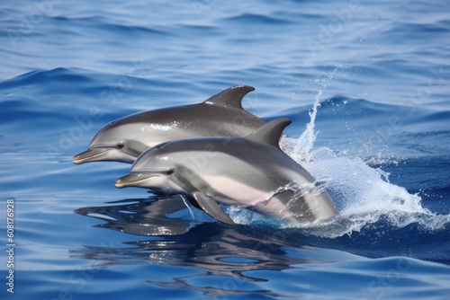 two dolphins swimming side by side, with their fins flapping in unison, created with generative ai