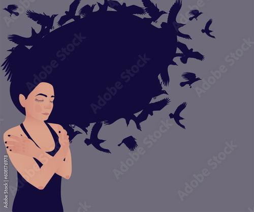 A sad woman with flowing hair in the form of black birds as a symbol of the problems in her life. Mental depression and hopeless psychological health of a teenager. Colorful vector illustration.