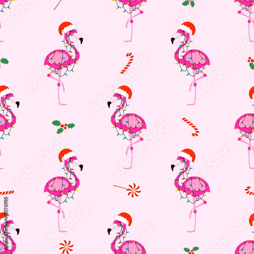 Cute Flamingo pattern for Christmas - Adorable flamingo illustration. Hand drawn wallpaper. Good for textiles, nursery, wallpaper, clothes. Merry Christmas gift wrapping paper