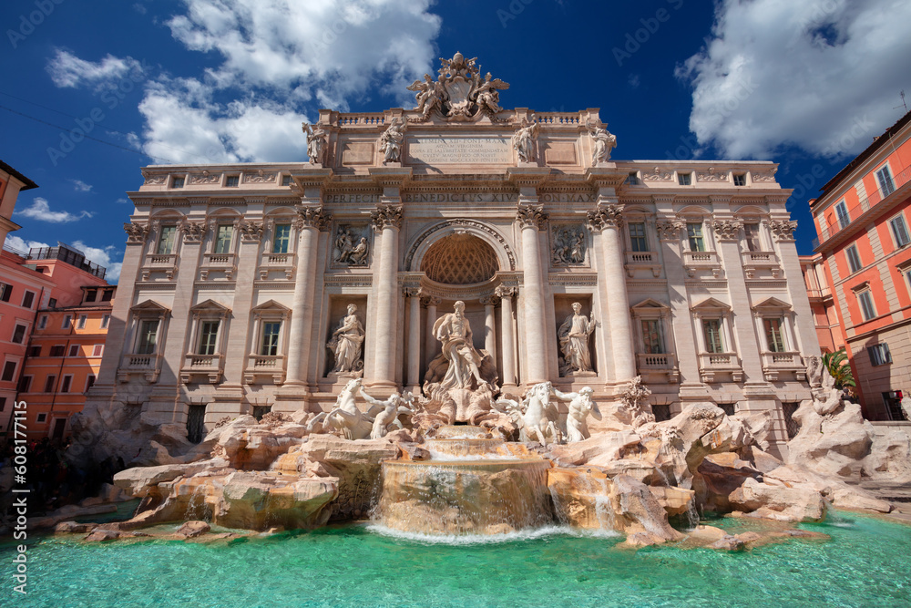 Naklejka premium Trevi Fountain, Rome, Italy. Cityscape image of Rome, Italy with iconic Trevi Fountain at sunny day.