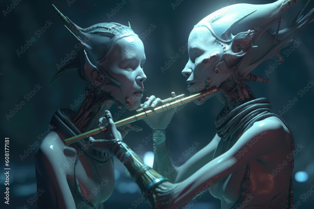 Fototapeta premium alien mother teaching her child how to play the flute, created with generative ai