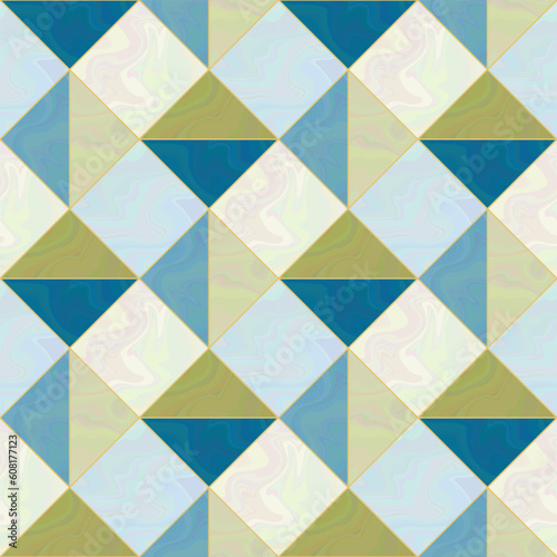 Diamond seamless pattern. Beige, khaki green, blue diamonds, squares, triangles with liquid fluid marble texture. Retro abstract geometric design