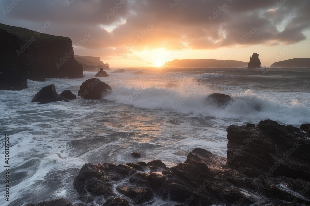 sunset over a rugged coast, with waves crashing against the rocks, created with generative ai