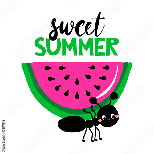 Sweet summer - Cute ant carry a watermelon. Funny insect.