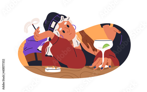 Drunken woman smoking cigarette, drinking alcohol cocktail. Sad depressed boozy person, drinker in bar. Bad habits addiction concept. Flat graphic vector illustration isolated on white background