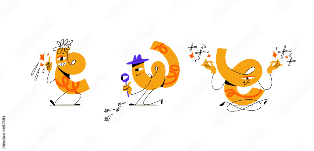 Vector illustration set of abstract characters- curve generating an idea, doing meditation and detective looking for footprints. Groovy sticker for print Vector illustration set of abstract characters- curve generating an idea, doing meditation and detective looking for footprints. Groovy sticker for print