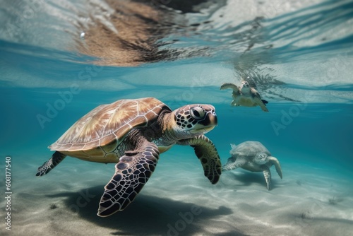 baby sea turtle swimming in the ocean, with its parent nearby, created with generative ai © altitudevisual
