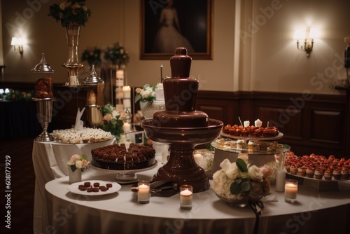 wedding reception with elegant chocolate fountain and fondue station  surrounded by other desserts  created with generative ai