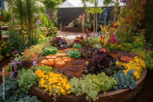 edible landscape with vibrant colors and textures, featuring vegetables, fruits, herbs, and flowers, created with generative ai