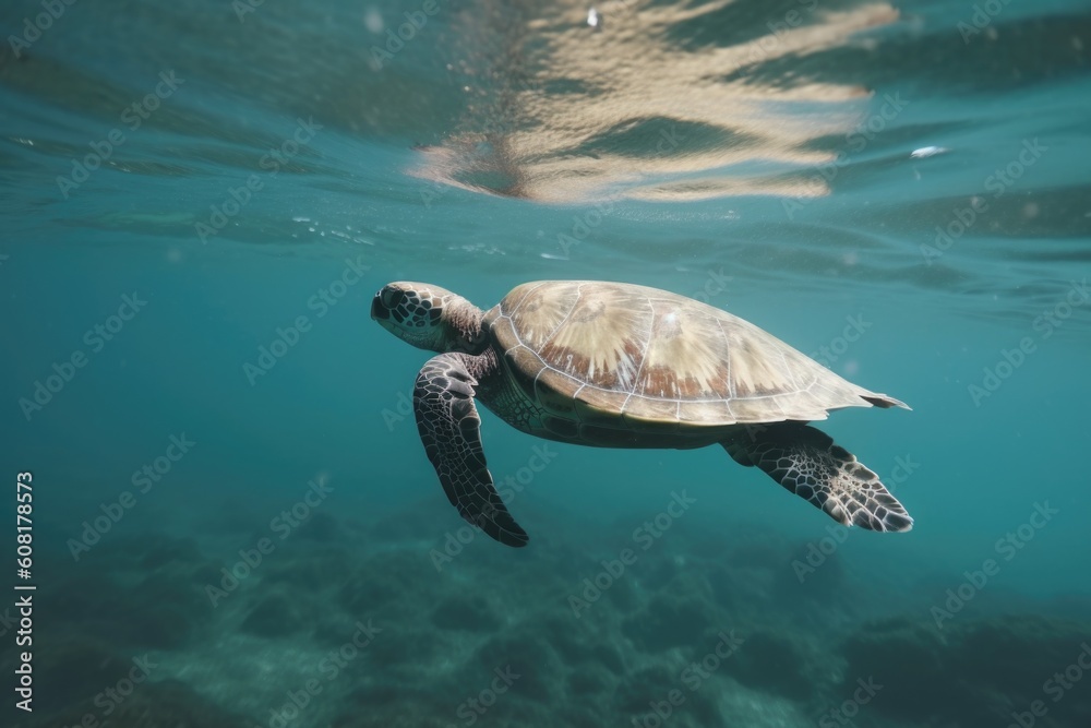 Obraz premium sea turtle swimming in the ocean, with its flippers and tail visible, created with generative ai