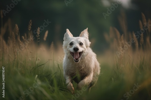 portrait of happy dog running in green field, with its tongue out and ears flying, created with generative ai