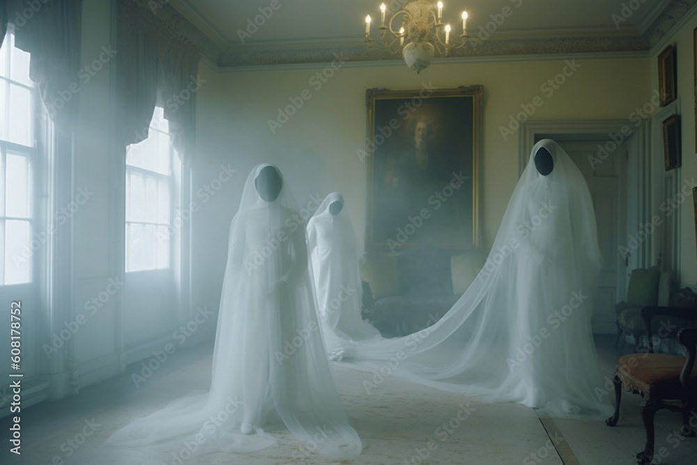 Creepy ghost woman in dark haunted house. Generative ai