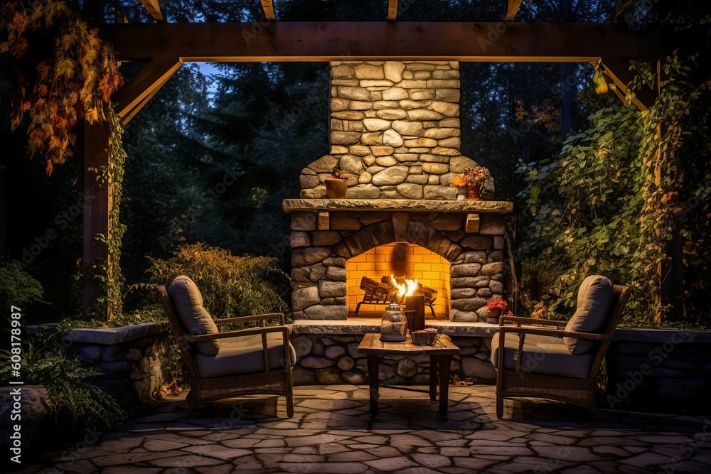 Obraz premium Backyard fireplace chairs stones. Generate Ai