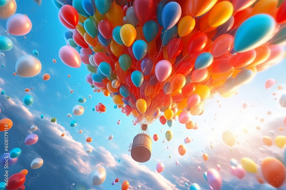 Balloons rising air sunset. Generate AI