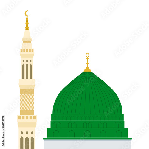 Mosque or masjid Al Nabawi minaret and green dome in Madinah, flat illustration, isolated on white background, vector, Saudi Arabia