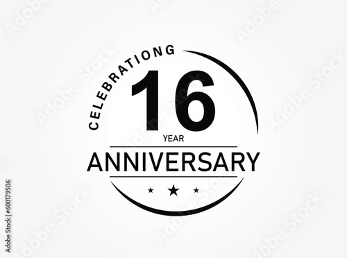 16 years anniversary pictogram vector icon, 16th year birthday logo label, black and white stamp isolated.