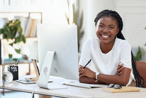 Photography Portrait of black woman in office with computer, happiness and online research for small business administration