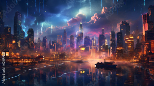 The power of artificial intelligence through a futuristic cityscape illuminated by AI