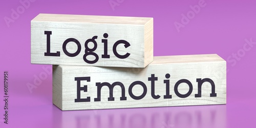 Emotion, logic - words on wooden blocks - 3D illustration