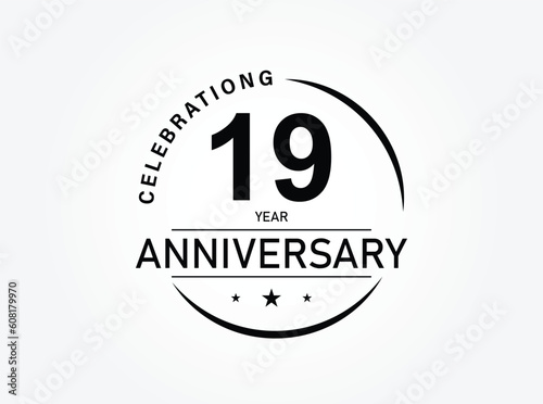 19 years anniversary pictogram vector icon, 19th year birthday logo label, black and white stamp isolated.