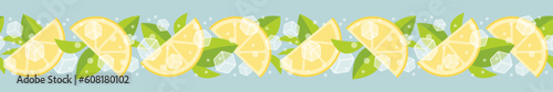 Seamless border garland with lemon, mint leaves and ice. Isolated vector illustration.