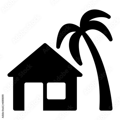 Tropical house or villa icon with a coconut tree beside it