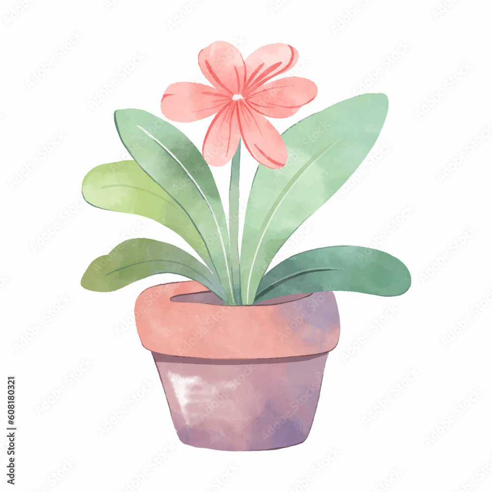 Watercolor House Plant in pot. Isolated on a white background