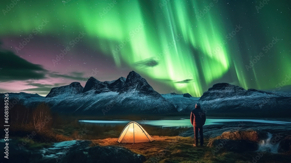 Man standing in front of a tent and watching the northern lights. Generative AI.