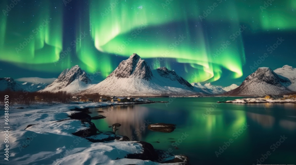 Aurora borealis, northern lights over fjord in winter. Generative AI.