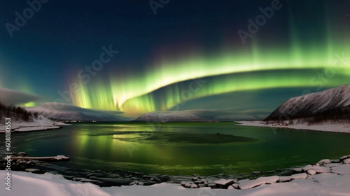 Aurora Borealis over fjord in winter  Iceland. Generative AI.