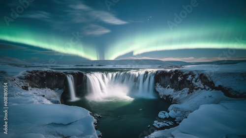 Aurora borealis over a waterfall in winter, Iceland, Europe. Generative AI.