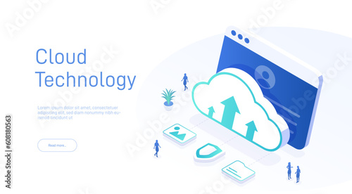 Cloud technology isometric concept. Cloud computing. Online devices upload, download information. Data in database on cloud services. Modern 3d vector illustration of web page.