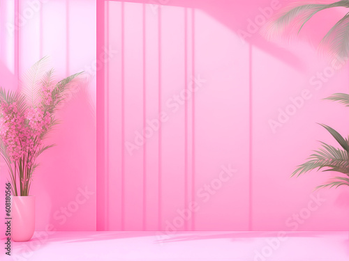 Abstract gradient pink studio background for product presentation. Empty room with shadows of window and flowers and palm leaves . 3d room with copy space. Summer concert. Blurred backdrop.