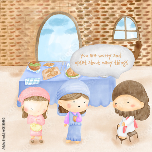 Martha and Mary bible cartoon clipart.Jesus story with deciples cartoon elements.cute for church and bible class. photo