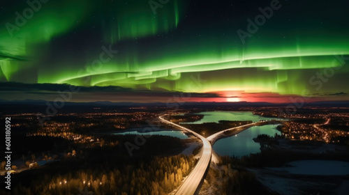 Aurora borealis, northern lights road aerial. Generative AI.