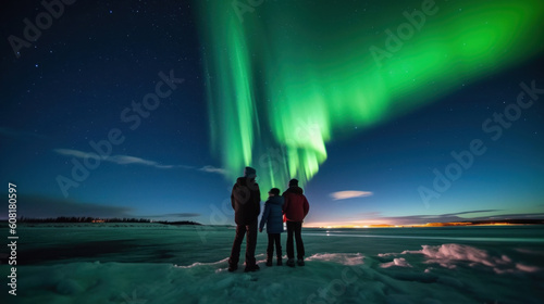 Aurora borealis, northern lights in the night sky. Family watching the northern lights. Generative AI.