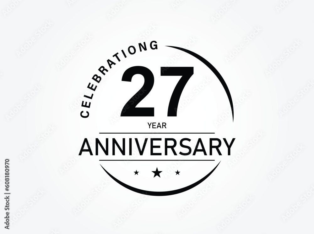 27 years anniversary pictogram vector icon, 27th year birthday logo label, black and white stamp isolated. 27 years anniversary pictogram vector icon, 27th year birthday logo label, black and white stamp isolated.