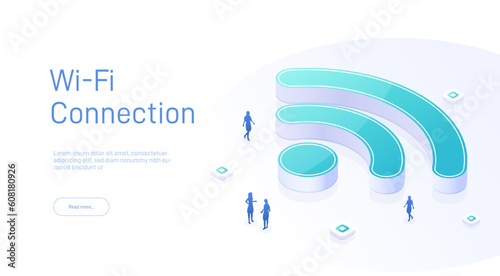 Wireless technology concept. People use wifi hotspot to get internet access from, online connection. 3d isometric web landing page. Vector illustration for web template design.