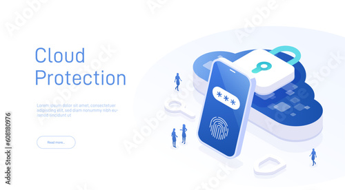 Cloud protection concept. Online devices upload, download information. Cloud computing. Data in database on cloud services. Modern 3d isometric vector illustration of web page.