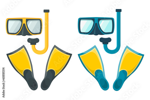 Set for diving, swimming. Diving mask, snorkel for diving under water. Flippers. Summer set for recreation, swimming. Set of two colors. Ocean blue and bright orange.