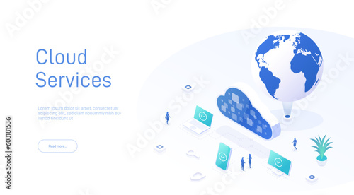 Cloud technology isometric concept. Cloud computing. Online devices upload, download information. Data in database on cloud services. Modern 3d vector illustration of web page.