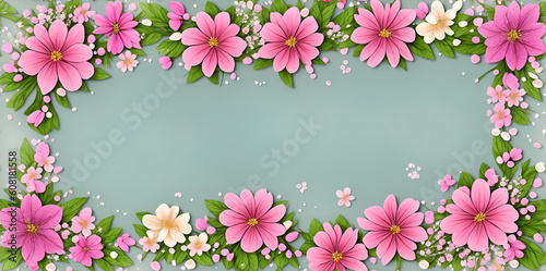 Pink flowers with leaves on a green background, with space for text. Generative AI