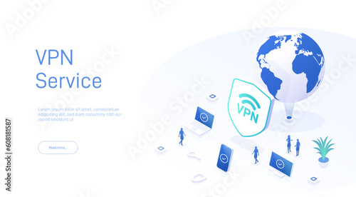 Vpn service concept. Secure internet surfing software for virtual protection network. Safe online access with mobile device or pc. Isometric vector illustration.
