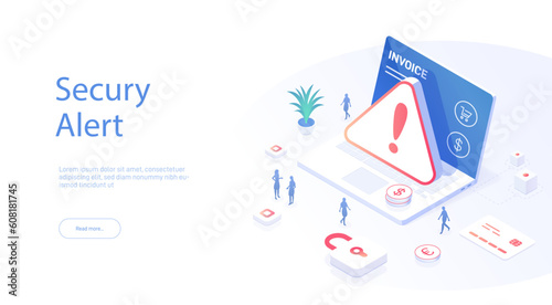 Security alert concept. System error. Laptop problem attention, exclamation mark. People next to the laptop solve the problem. Modern 3d isometric illustration.