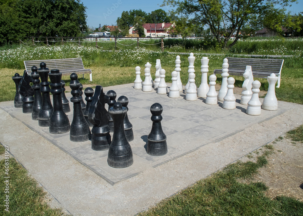 Szachownica z szachami w parku pośród zieleni. Duże szachy. - obrazy, fototapety, plakaty 
