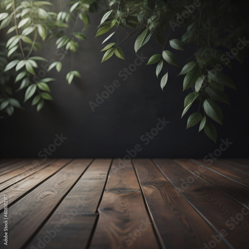 Empty wooden table for product display with field background ai generative